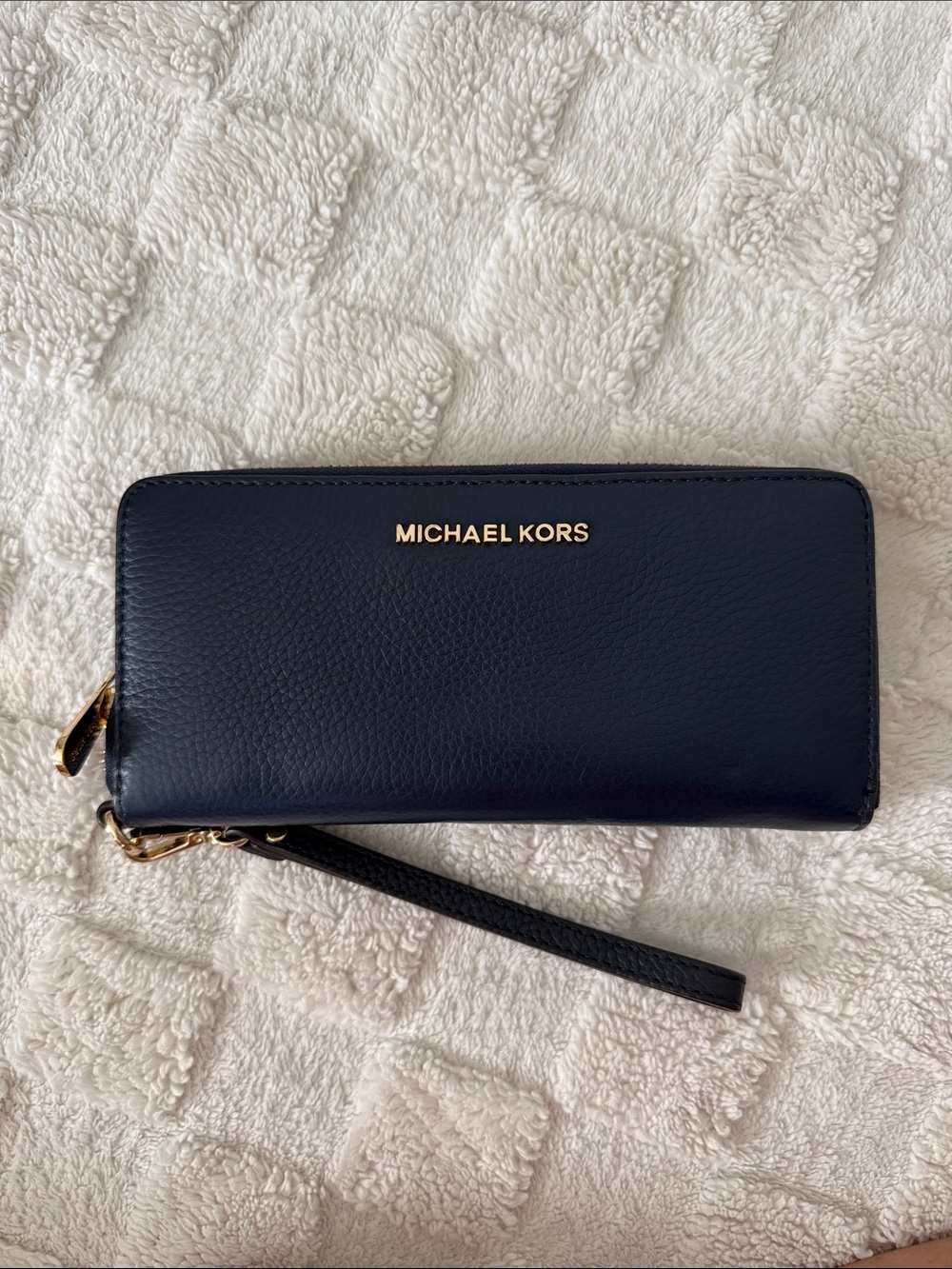 Michael Kors Navy Blue Pebbled Leather Zip Wristlet Wallet with Gold Logo